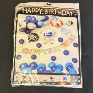 Happy Birthday Party Decoration Set - Blue and White banner Mylar balloons space